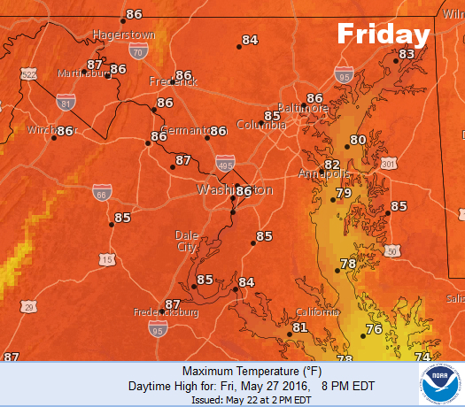 This graphic is the National Weather Service forecast for high temperatures Friday. We will go from cool, damp weather to summerlike warmth with a few days of transition in the middle of the week. (National Weather Service/NOAA)