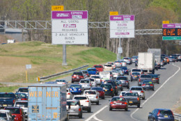 Heavy northbound traffic approaches the first on-ramp for the 95 Express Lanes in Stafford County in this WTOP file photo. (WTOP/Dave Dildine)