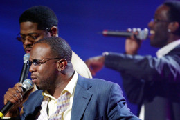 Boyz II Men, clockwise from foreground, Wanya Morris, Nathan Morris and Shawn Stockman perform during the first MTV Video Music Awards Japan in Tokyo Friday night, May 24, 2002.  Boyz II Men, Sheryl Crow, Nickelback and other American talent joined such Japanese stars as Rip Slyme and rapper Zeebra for the first MTV Music Awards Japan. (AP Photo/Shizuo Kambayashi)