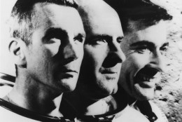 Image shows the three astronauts  of Apollo 10 from left to right.: Eugene A. Cernan, Commander Stafford, John W. Young, USA, May 1969.  (AP Photo)