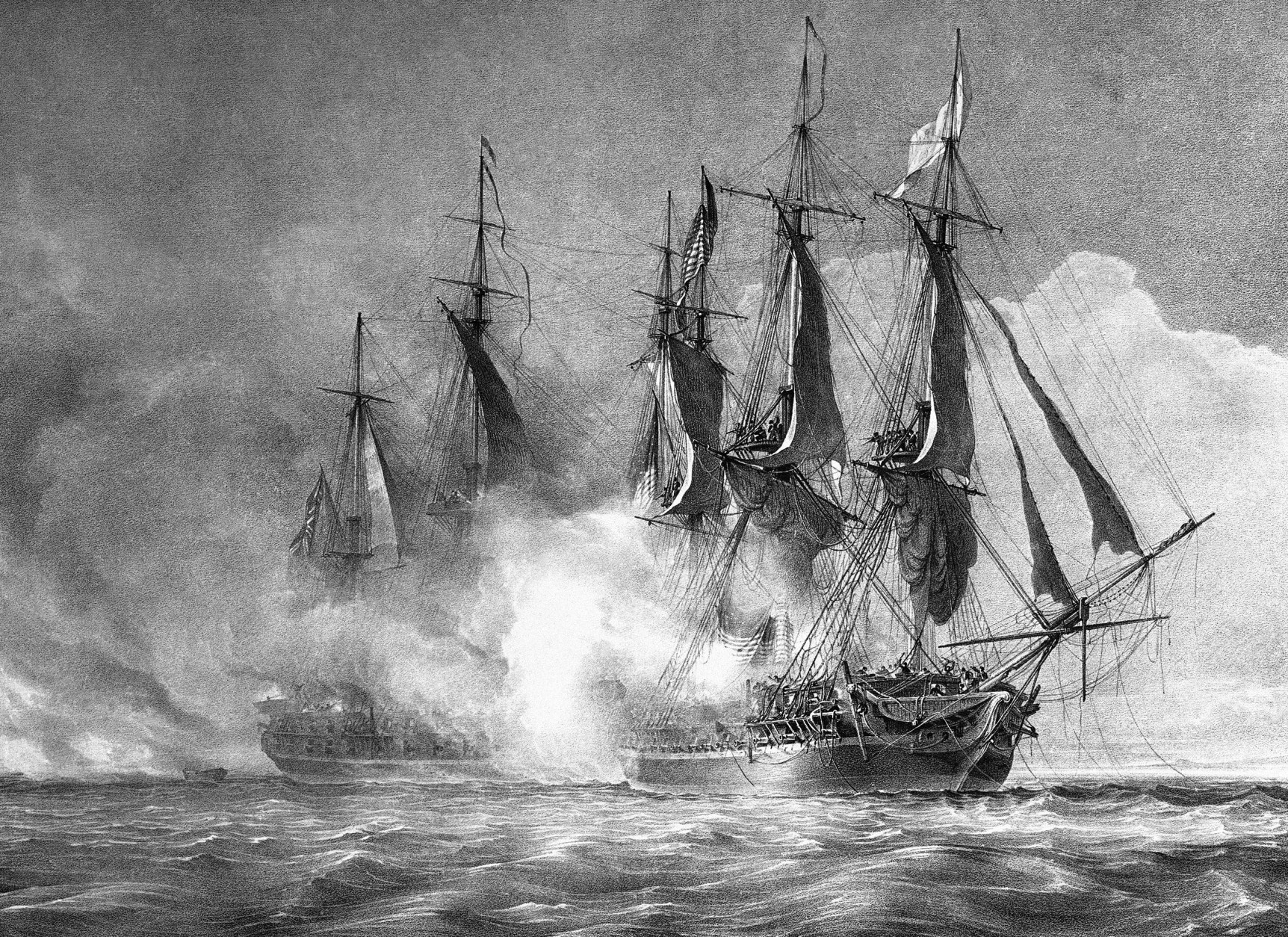 Copies of paintings depicting the battle of the American frigate Chesapeake and Britains Shannon during the War of 1812. The American commander, Capt. Lawrence, while dying, uttered the historic command Dont give up the Ship in an undated photo.  (AP Photo)