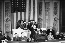 Prime Minister Winston Churchill in the House of Representatives in Washington on May 19, 1943. Churchill pledged Congress that Britain would stick with the U.S. in a campaign to pulverize Japan, asserted “we shall make out enemies in Europe and in Asia burn and consume their strength on land, on sea and in the air.” (AP Photo)