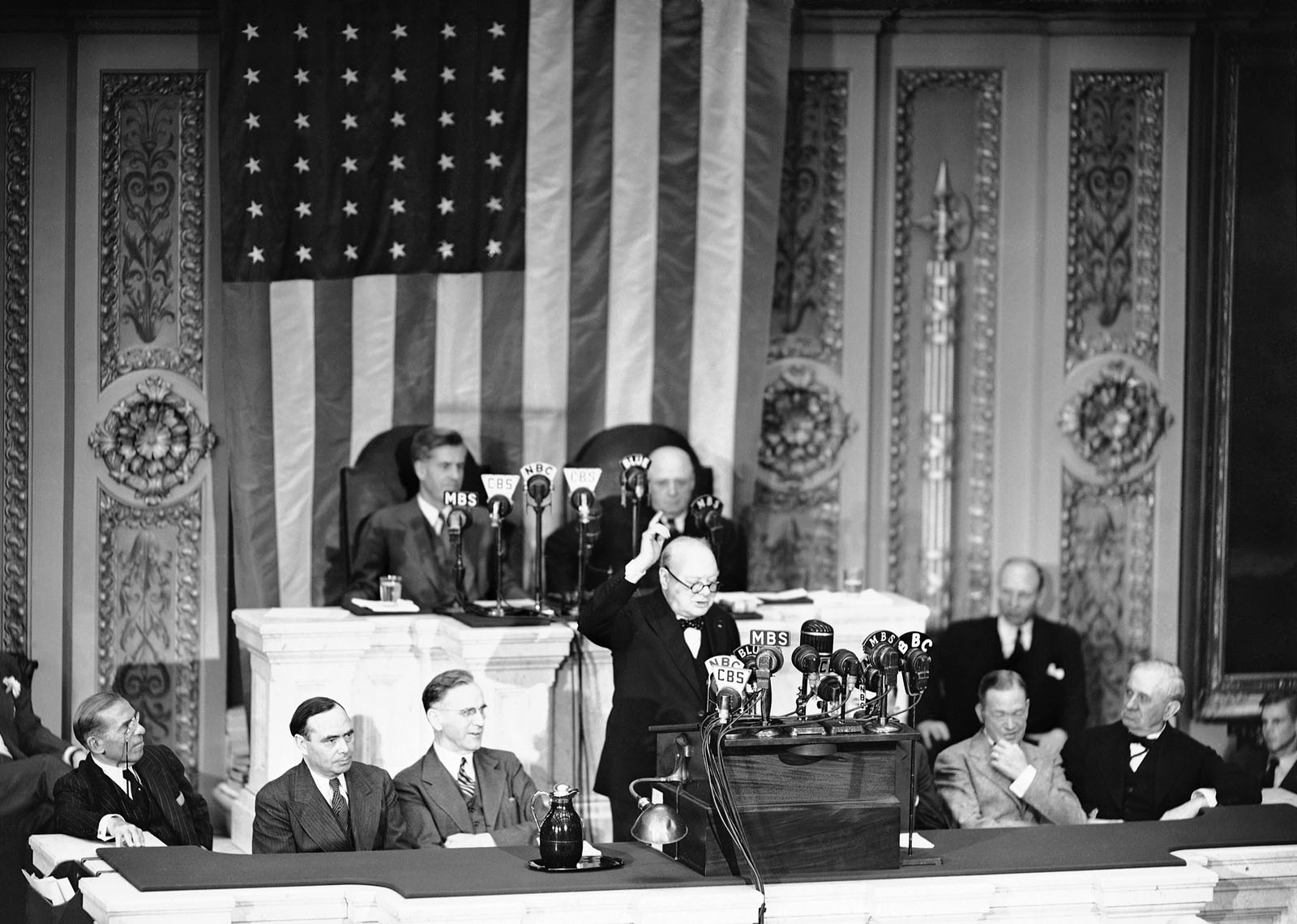 Prime Minister Winston Churchill in the House of Representatives in Washington on May 19, 1943. Churchill pledged Congress that Britain would stick with the U.S. in a campaign to pulverize Japan, asserted “we shall make out enemies in Europe and in Asia burn and consume their strength on land, on sea and in the air.” (AP Photo)