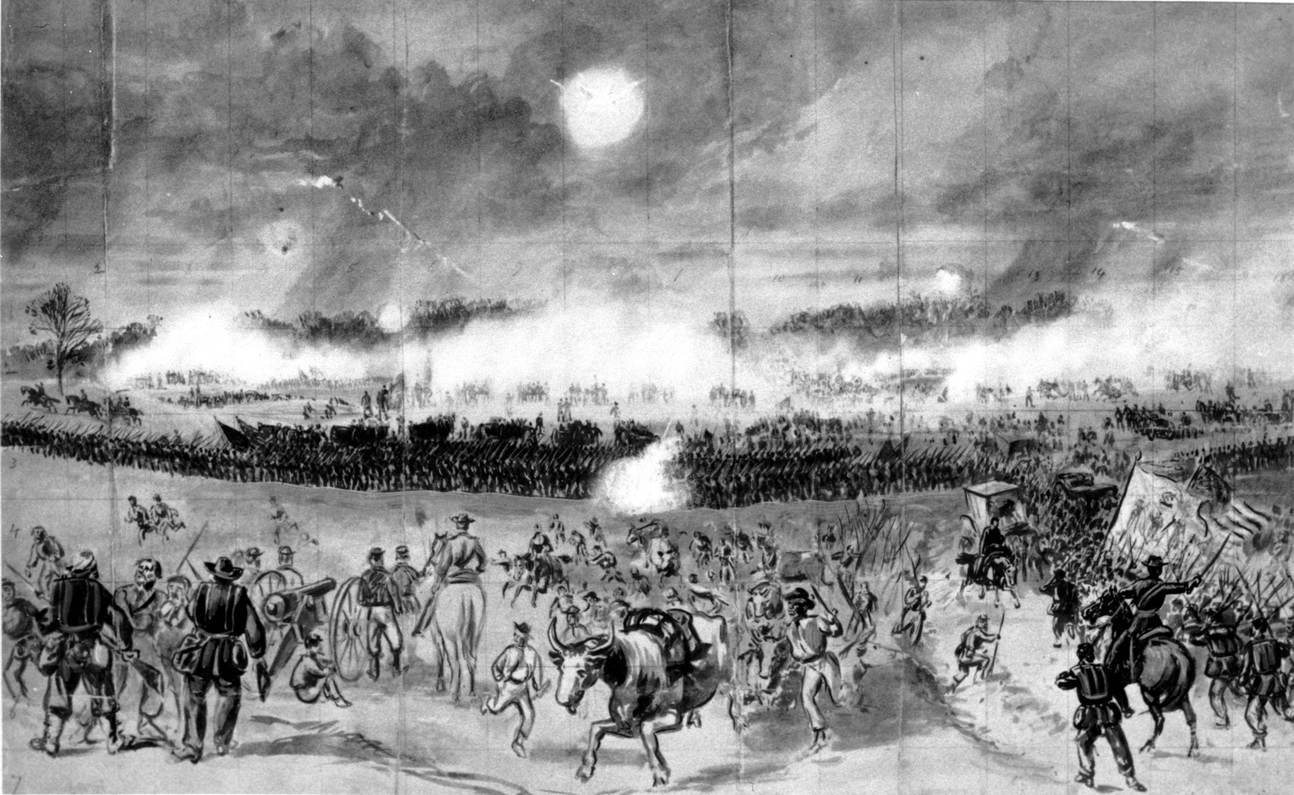This drawing from the American Civil War shows the action at the Battle of Chancellorsville in Va. on May 2, 1863. Animals and remnants of the Union XI Corps stream to the rear as the Union II Corps advances to meet the flank attack of the Confederates. Chancellorsville marked another defeat for the Union Army of the Potomac, under Gen. Joseph Hooker. (AP Photo)