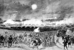 This drawing from the American Civil War shows the action at the Battle of Chancellorsville in Va. on May 2, 1863. Animals and remnants of the Union XI Corps stream to the rear as the Union II Corps advances to meet the flank attack of the Confederates. Chancellorsville marked another defeat for the Union Army of the Potomac, under Gen. Joseph Hooker. (AP Photo)