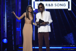 Zendaya, left, and Wiz Khalifa present the award for top R&amp;B song at the Billboard Music Awards at the T-Mobile Arena on Sunday, May 22, 2016, in Las Vegas. (Photo by Chris Pizzello/Invision/AP)