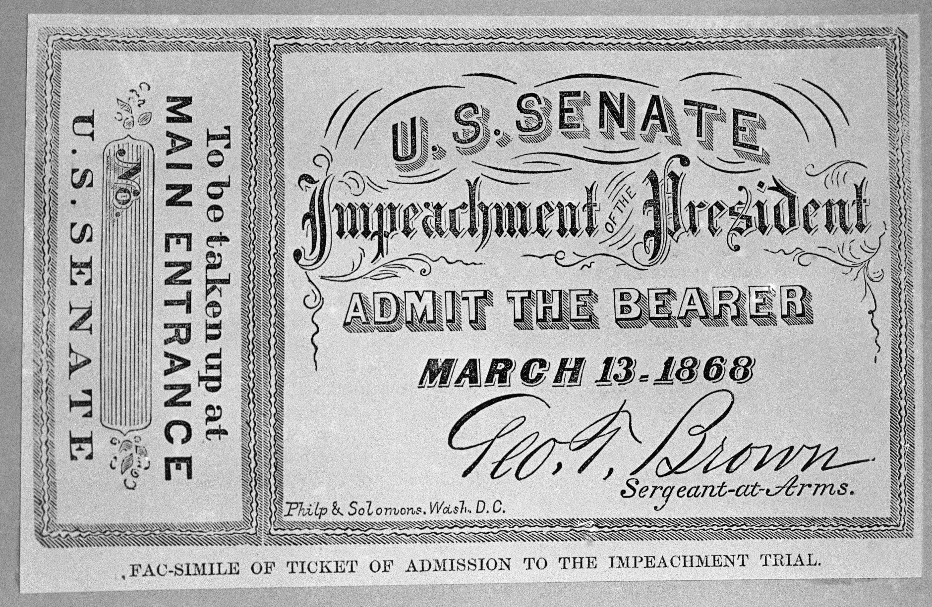 A facsimile of a ticket used during the impeachment trial of Andrew Johnson, shown in Washington on Feb. 15, 1974. (AP Photo/Charles Tasnadi)