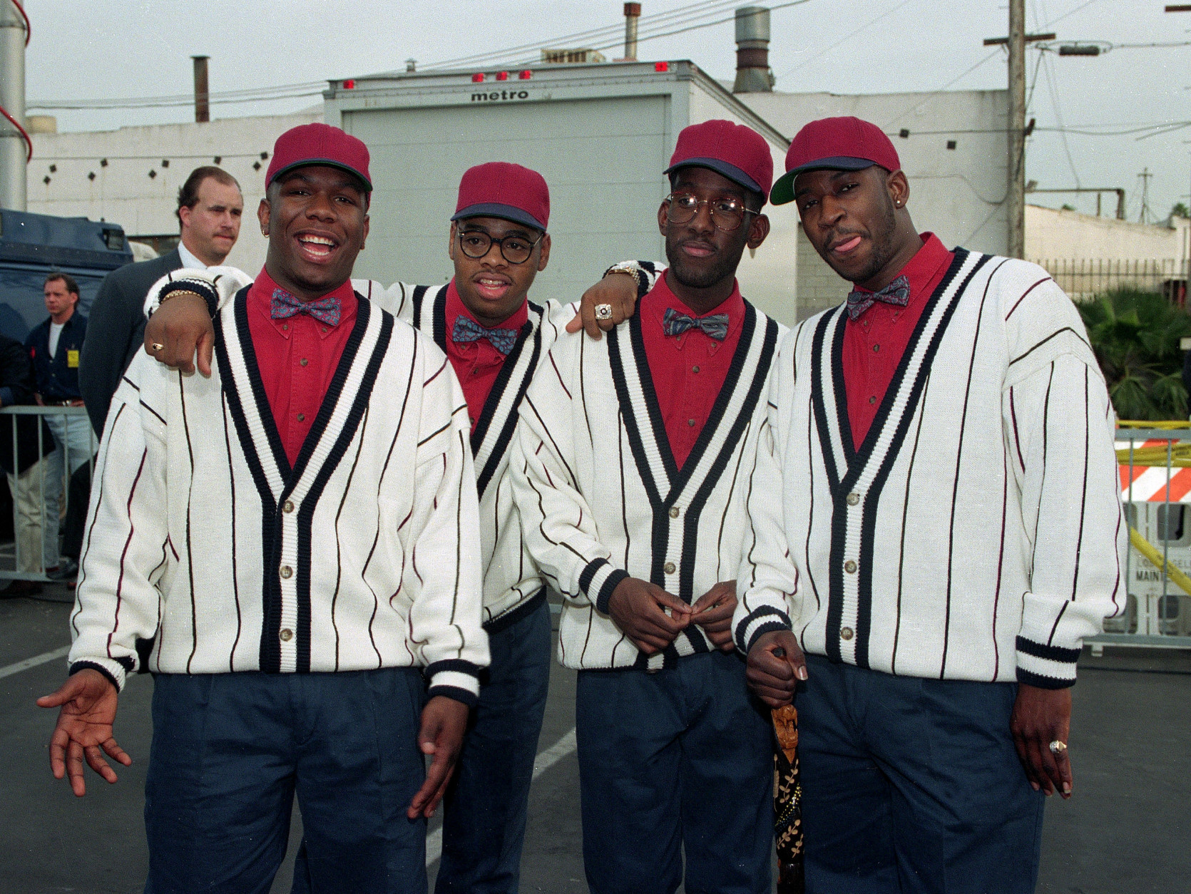 Boyz II Men members, from left, Wanya Morris, Nathan Vanderpool, Shawn Stockman and Mike McCary pose at the American Music Awards in Los Angeles, Calif., on Jan. 25, 1993.  (AP Photo/Julie Markes)