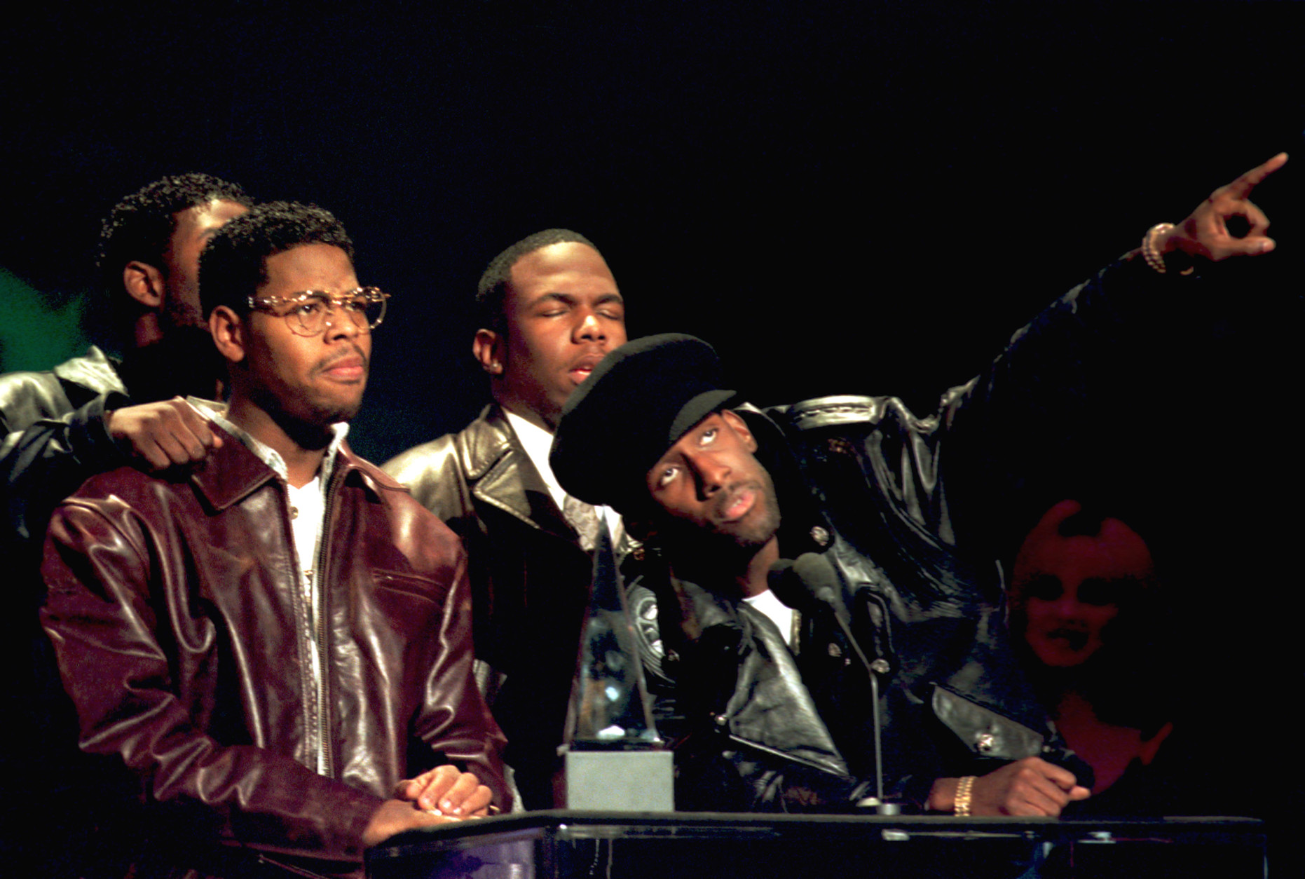 Members of the group Boyz II Men accept their award at the 22nd annual American Music Awards in Los Angeles, Ca., Monday, Jan. 30, 1995.  The group's hit single "I'll Make Love To You" won in the categories of pop-rock and soul-rhythm and blues.  The group was also given an award as the favorite group in the soul-rhythm and blues category.  The band members are, Michael McCary, Wanya Morris, Nate Morris and Shawn Stockman.  (AP Photo/Reed Saxon)
