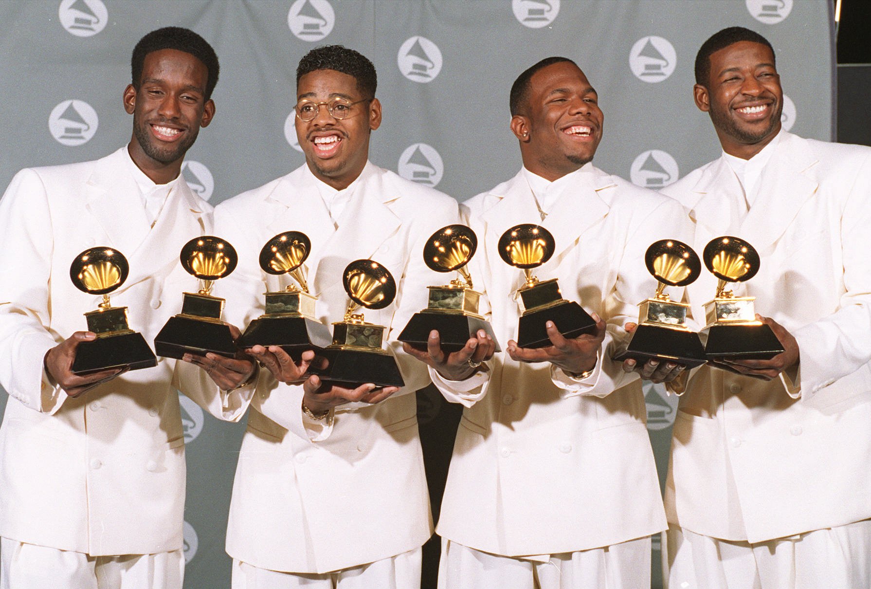 Boyz II Men, shown in this March 1, 1995  photo, display their Grammy awards for Best R&amp;B Album and for Best R&amp;B Duo or Vocal Performance. From left are Shawn Stockman, Nate Morris, Wanya Morris and Michael S. McCary.  Along with Mariah Carey the group was nominated Thursday, Jan. 4, 1996, for a Grammy for  "One Sweet Day" as the record of the year.  Winners will be announced Feb. 27. (AP Photo/Mark J. Terrill)