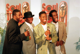 The group Boyz II Men display their two awards backstage at the Soul Train Music Awards in Los Angeles, Ca., Monday, March 13, 1995.  The group won for best rhythm and blues single, group, band or duo; and for best rhythm and blues album, group.  The members, from left, are, Michael McCary, Wanya Morris, Nate Morris and Shawn Stockman.  (AP Photo/Eric Draper)