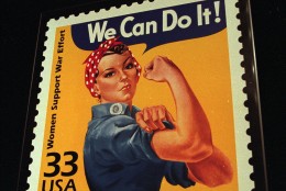 The United States Post Office presented an enlargement of the Celebrate the Century, Women Support the War stamp depicting Rosie the Riveter to the Portland Harbor Museum in South Portland, Maine,  Friday, June 25, 1999. The stamp is part of a 15 stamp set honoring people, events, and lifestyles of the 1940's. (AP Photo/Joan Seidel)