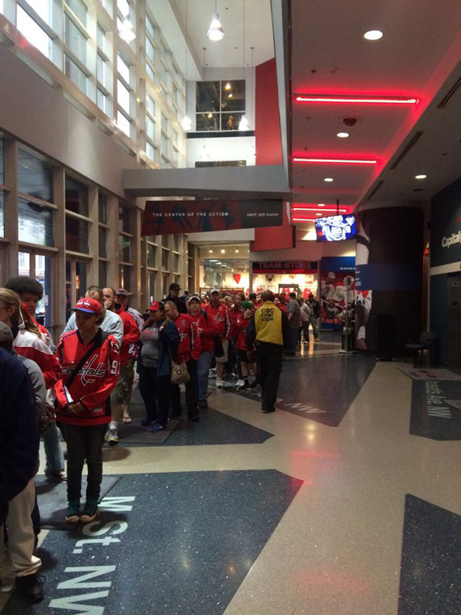 Caps fans line up for a watch party at the Verizon Center for the team's Game 4 on May 5, 2016. (WTOP/Dick Uliano)