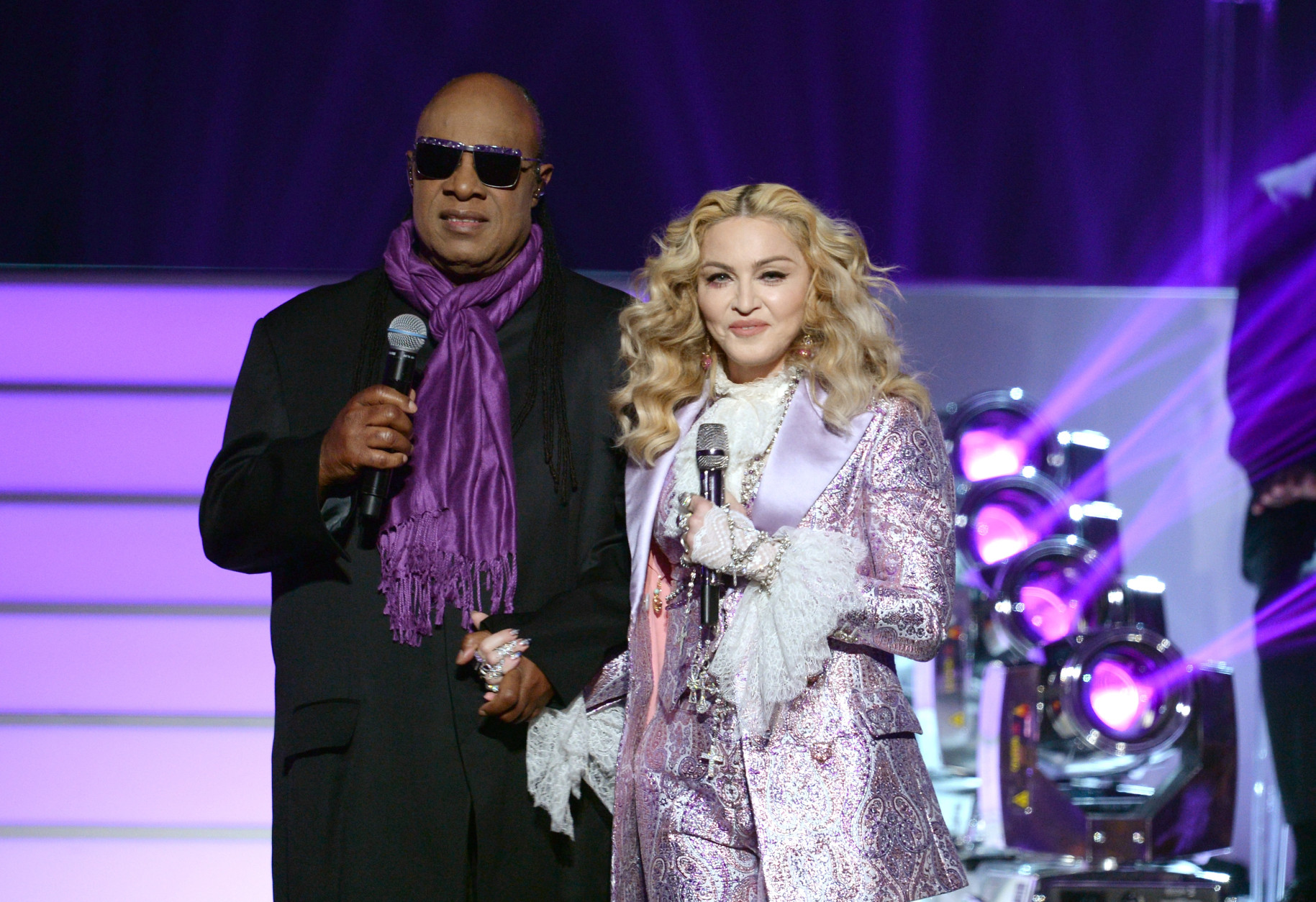 LAS VEGAS, NV - MAY 22: Recording artists Stevie Wonder (L) and Madonna perform a tribute to Prince onstage during the 2016 Billboard Music Awards at T-Mobile Arena on May 22, 2016 in Las Vegas, Nevada.  (Photo by Kevin Winter/Getty Images)