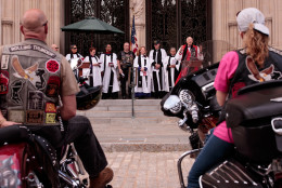WASHINGTON, DC - MAY 27: Rolling Thunder members and supporters listen to opening remarks during the 'Blessing of the Bikes' at the Washington National Cathedral, May 27, 2016, in Washington, DC. Rolling Thunder members and supporters will participate in a motorcycle rally on Sunday afternoon in Washington. Rolling Thunder is an advocacy group that seeks to bring awareness to prisoners of war (POWs) and missing in action (MIA) service members of all U.S. wars. (Photo by Drew Angerer/Getty Images)