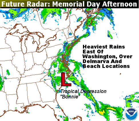 This is a simulation of what the regional radar may look like Monday afternoon from the North American Mesoscale (NAM) model which was run on Sunday afternoon. Note that most of the soaking rains would be mainly east of D.C., while everything else is “blotchy” and scattered. So the day is not a total washout. (Environmental Modeling Center/NOAA)