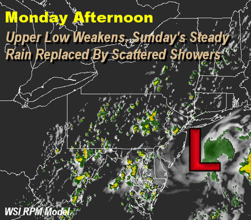 This graphic is a snapshot of simulated clouds and radar for a general Monday afternoon timeframe. Note the blotchy appearance to the grays (clouds) and the greens/yellows (showers). That’s different than a solid shield of rain like we had on Sunday. Umbrellas won’t be needed all the time but will perhaps come in handy.(WSI/The Weather Company)
