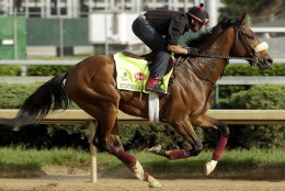 Exercise rider Ramiro Gorostieta rides Kentucky Derby hopeful Suddenbreakingnews during a workout at Churchill Downs Monday, May 2, 2016, in Louisville, Ky. The 142nd running of the Kentucky Derby is scheduled for Saturday, May 7. (AP Photo/Charlie Riedel)