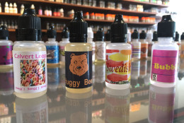 Many of the popular "juices" at Pleasant Vapes in Dunkirk are flavored like favorite breakfast cereals or other sweet treats. (WTOP/Michelle Basch)