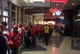 Caps' fans line up for a watch party at the Verizon Center in D.C. (WTOP/Dick Uliano)