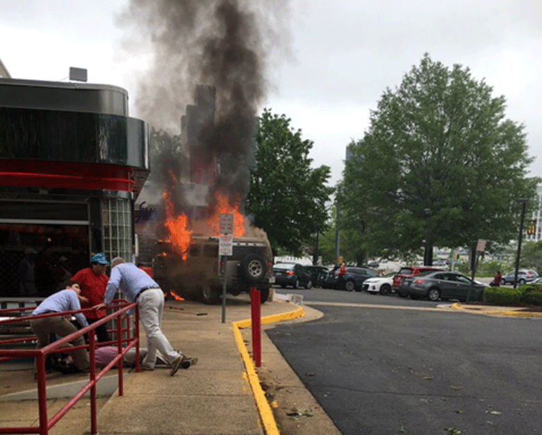 The scene after a crash at the Silver Diner in Tysons Corner Wednesday afternoon. (Courtesy Michal Allon)