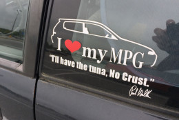 A sticker on the side of Joe Cline's car hints at its ultimate purpose. (WTOP/Michelle Basch)