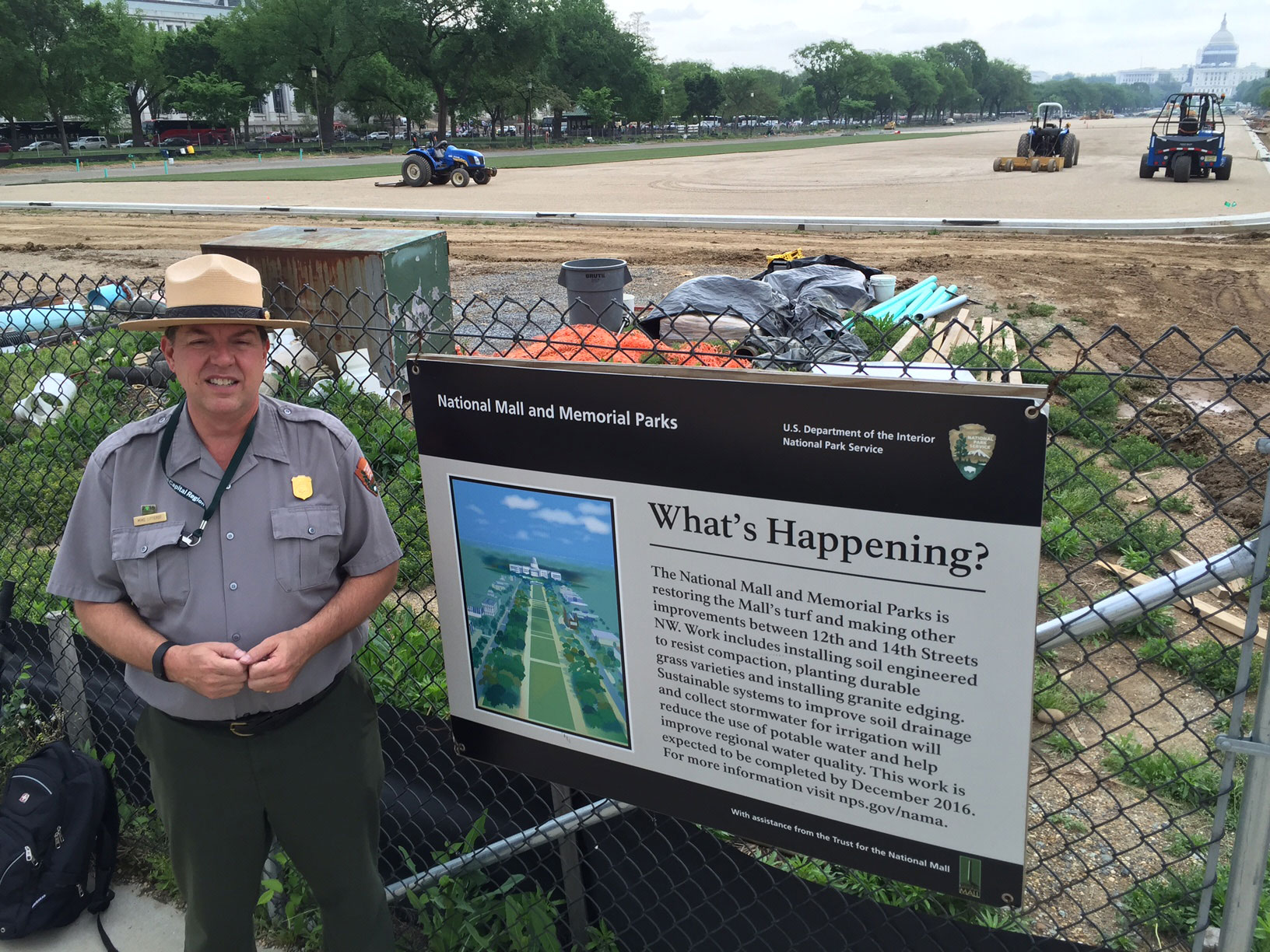 National Park Service spokesman Mike Litterst says this five year project ts coming in under budget . It'll wrap up in about five weeks. To give the sod time to establish roots, fencing  should come down early next year. (WTOP/Kristi King)