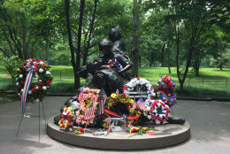 Wreaths decorate the Vietnam Women's Memorial. An annual ceremony honored Vietnam War veterans at the memorial Monday. (WTOP/Dick Uliano)