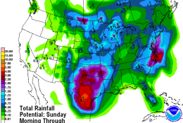 This image is the Weather Prediction Center’s forecast for rainfall for the whole country. It was issued on Sunday, so some of this rain may have already fallen by publication time. It’s valid through Friday afternoon. It certainly shows the influence of Tropical Depression Bonnie on our weather in the beginning of the week, some of us getting soaking rains. Again, note the higher amounts end up being east of D.C. Unfortunately, it means more potential problems for flooded Texas, too. The very slow moving cold front in the middle of the country is the source of the higher amounts in the Plains states. (Weather Prediction Center/NOAA)