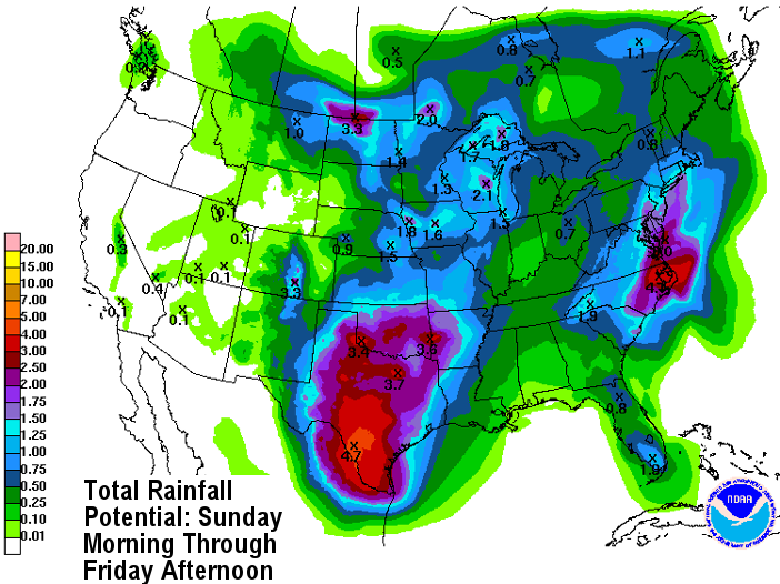This image is the Weather Prediction Center’s forecast for rainfall for the whole country. It was issued on Sunday, so some of this rain may have already fallen by publication time. It’s valid through Friday afternoon. It certainly shows the influence of Tropical Depression Bonnie on our weather in the beginning of the week, some of us getting soaking rains. Again, note the higher amounts end up being east of D.C. Unfortunately, it means more potential problems for flooded Texas, too. The very slow moving cold front in the middle of the country is the source of the higher amounts in the Plains states. (Weather Prediction Center/NOAA)