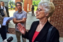 Anne Geer, John Geer's mother, speaks outside the courthouse after Adam Torres was sentenced to a year in prison, with three years suspended, in the death of John Geer in 2013. (WTOP/Neal Augenstein)