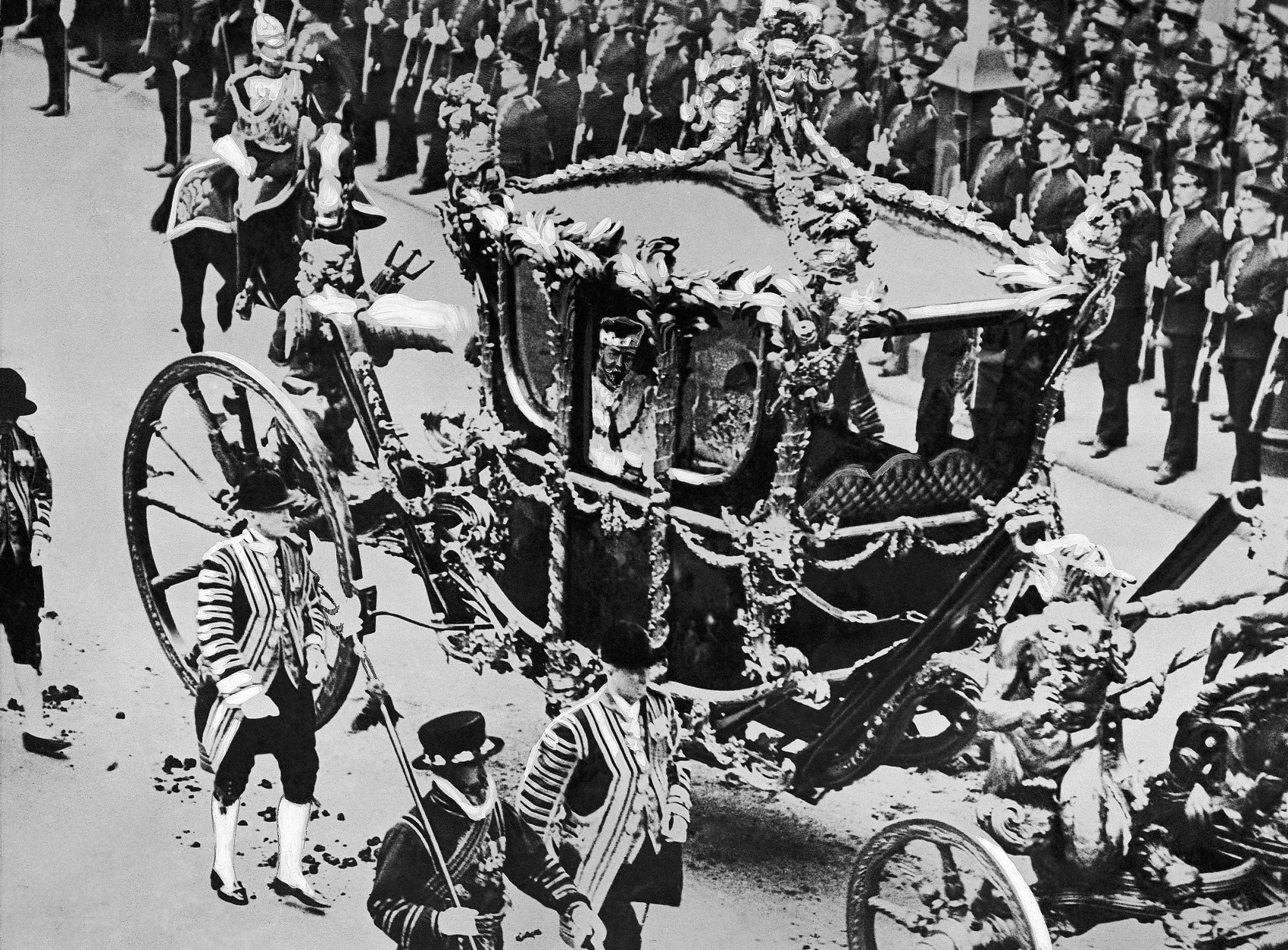 King George V of England and Queen Mary in state coach on their arrival at Westminster Abbey during the coronation on June 22, 1911. (AP Photo)