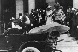 Archduke Franz Ferdinand of Austria-Hungary and his wife, Czech Countess Sophie Chotek, leave the reception at City Hall and walk toward an open car in Sarajevo, Bosnia, on June 28, 1914.  A short time later the couple were assassinated by a Serb nationalist.  (AP Photo)