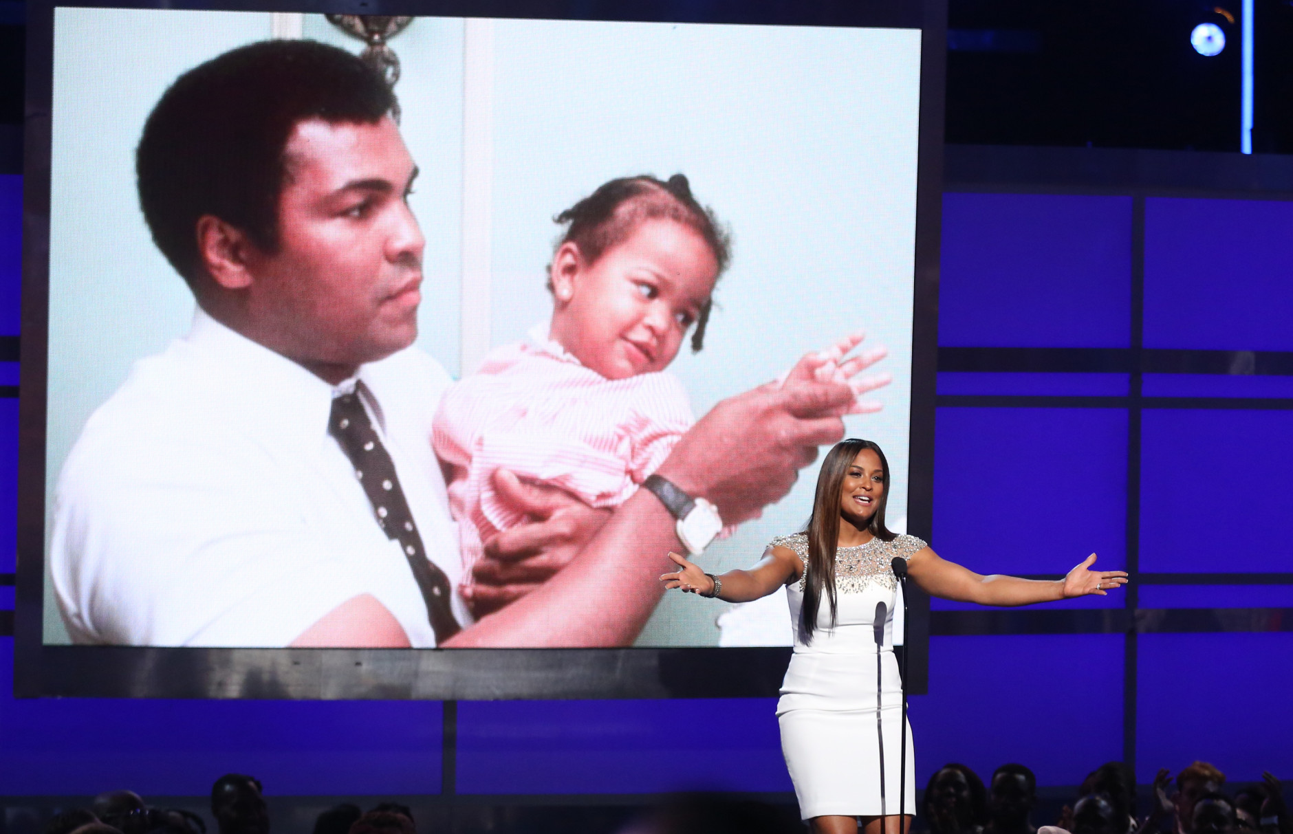 Laila Ali speaks during a tribute to her late father, Muhammad Ali, at the BET Awards at the Microsoft Theater on Sunday, June 26, 2016, in Los Angeles. (Photo by Matt Sayles/Invision/AP)