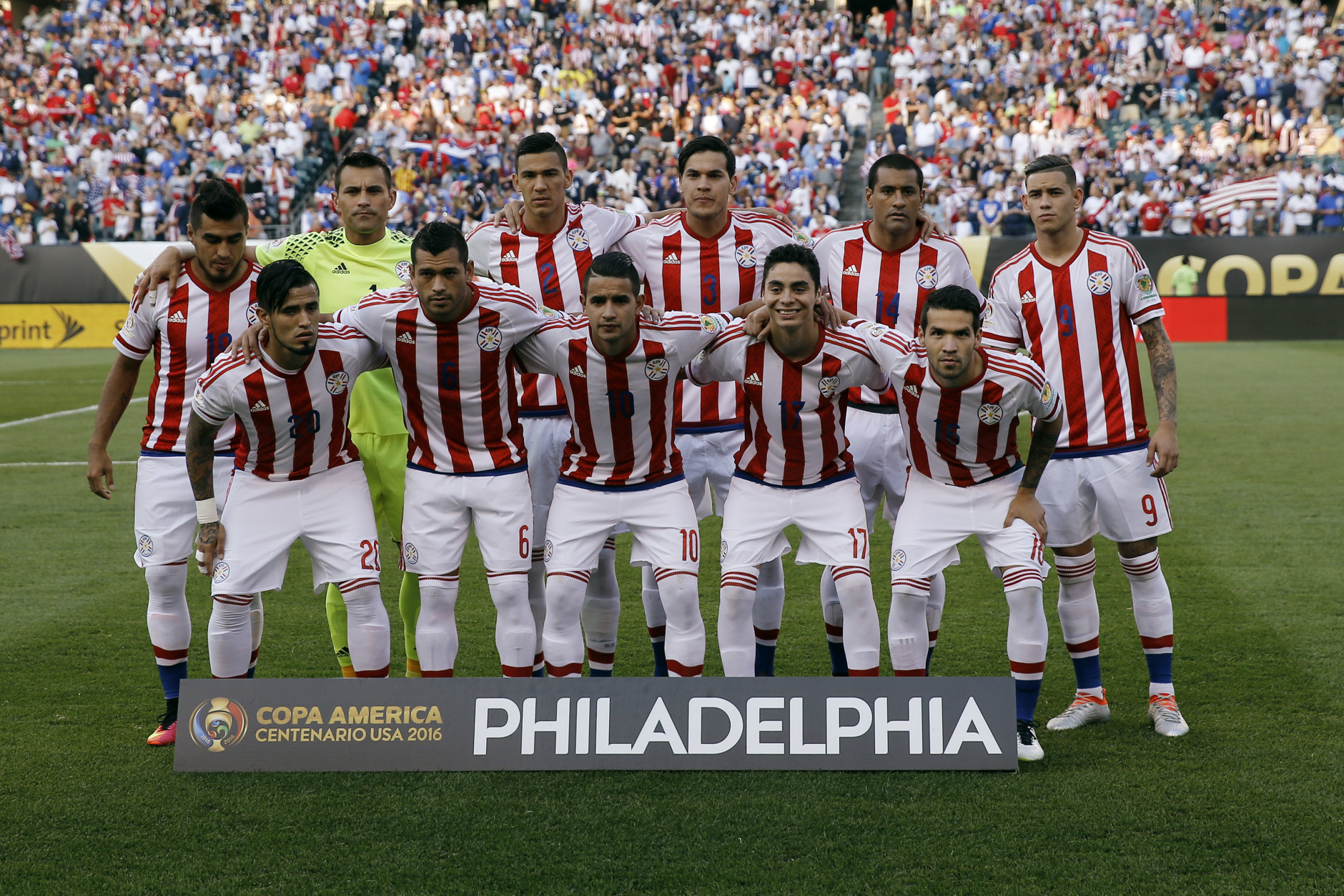 Paraguay's players pose for photographs ahead of a Copa America Group A soccer match against the United States, Saturday, June 11, 2016, in Philadelphia. (AP Photo/Matt Rourke)