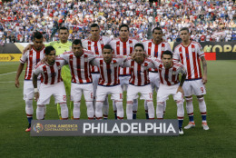 Paraguay's players pose for photographs ahead of a Copa America Group A soccer match against the United States, Saturday, June 11, 2016, in Philadelphia. (AP Photo/Matt Rourke)