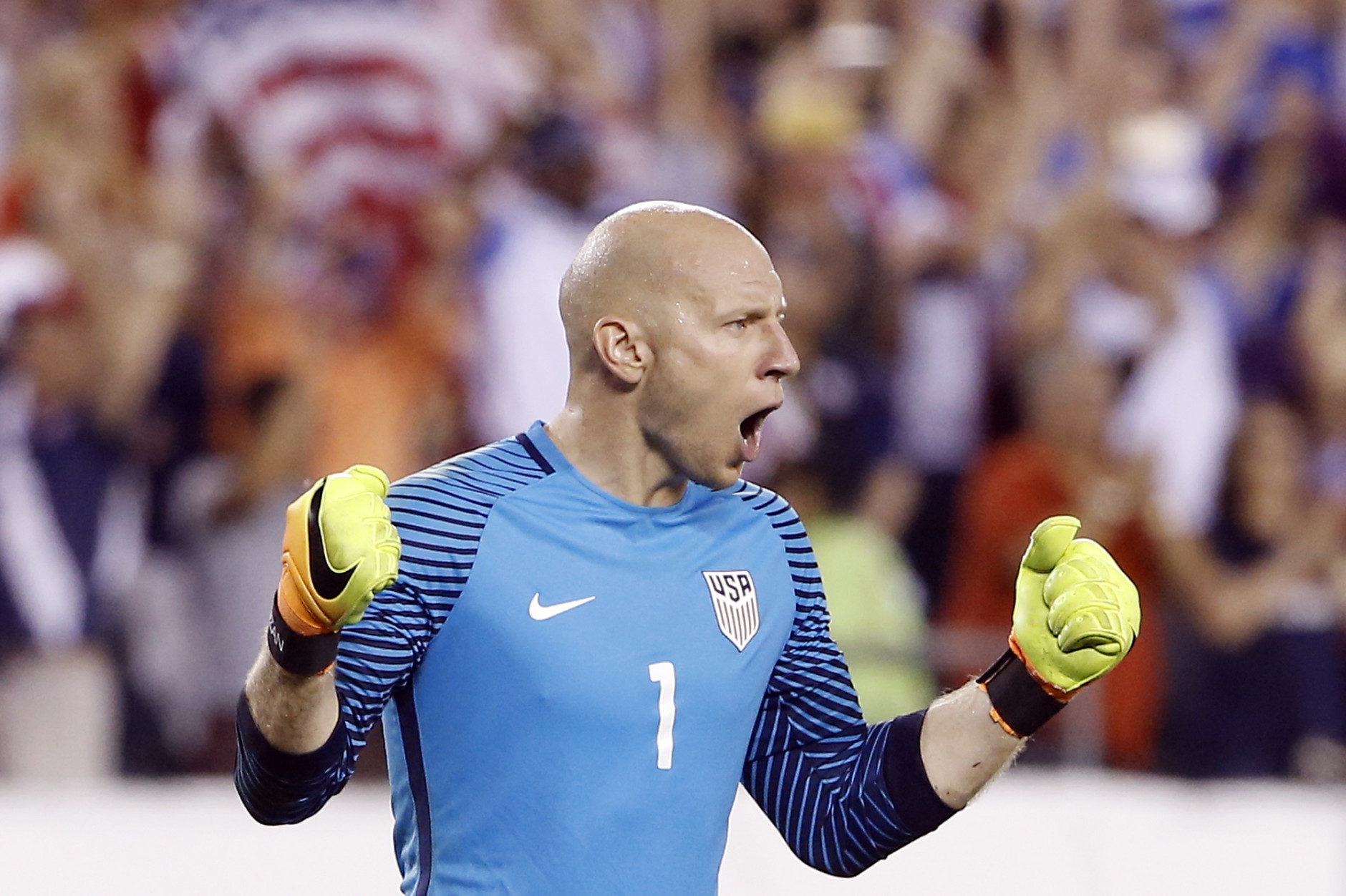 United States' Brad Guzan celebrates after winning a Copa America Group A soccer match against Paraguay, Saturday, June 11, 2016, in Philadelphia. (AP Photo/Matt Rourke)