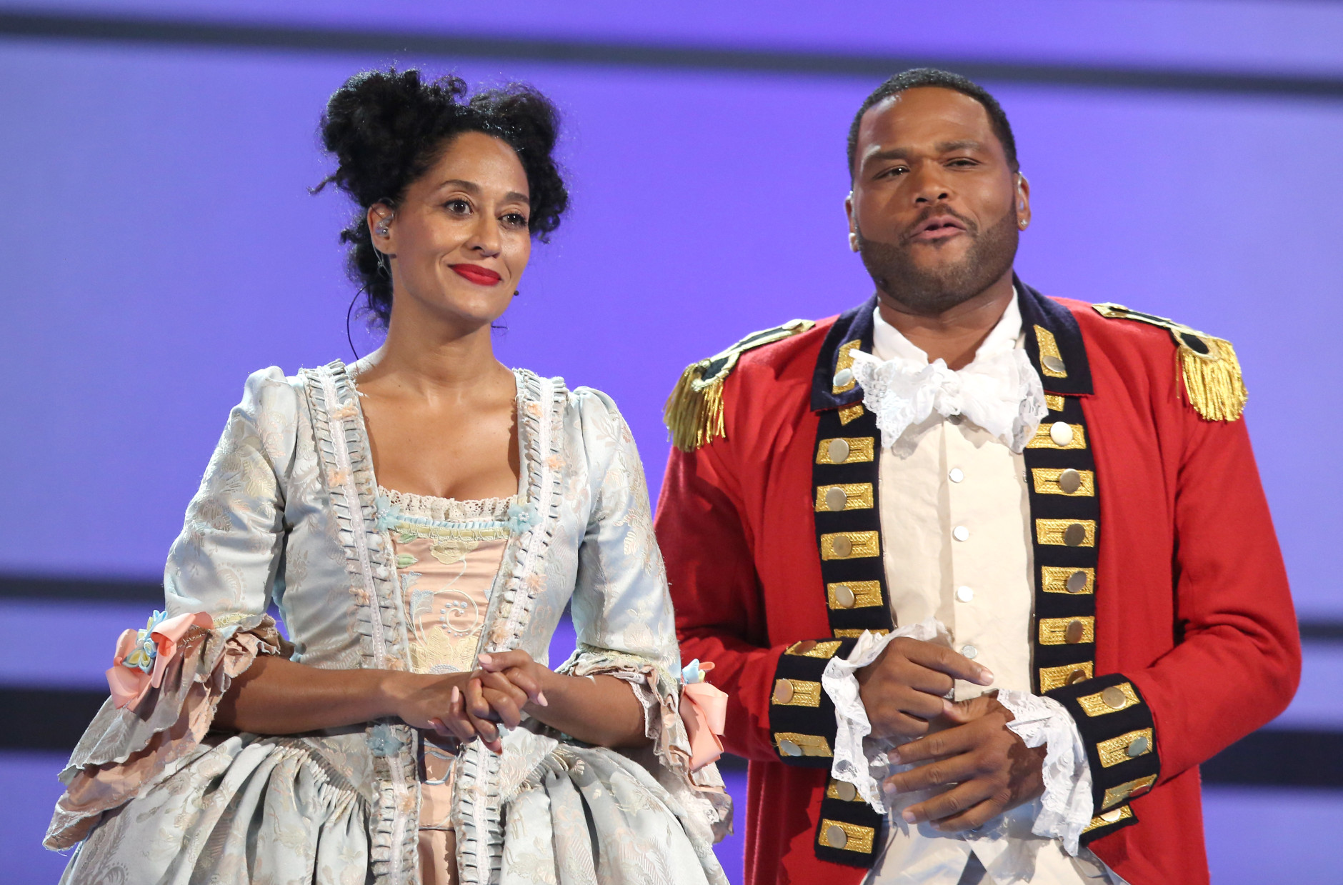 Hosts Tracee Ellis Ross, left, and Anthony Anderson perform a skit dressed as characters from the musical Hamilton at the BET Awards at the Microsoft Theater on Sunday, June 26, 2016, in Los Angeles. (Photo by Matt Sayles/Invision/AP)