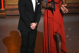 Daniel Dae Kim, left, and Patina Miller present the award for featured actor in a musical at the Tony Awards at the Beacon Theatre on Sunday, June 12, 2016, in New York. (Photo by Evan Agostini/Invision/AP)