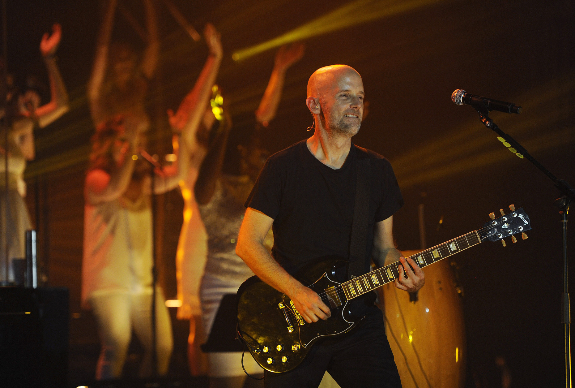 Moby performs with his band at The Fonda Theatre on Thursday, Oct. 3, 2013 in Los Angeles. (Photo by Chris Pizzello/Invision/AP)