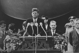 KENNEDYs BERLIN WALL SPEECH - President John F. Kennedy delivers his famous speech "I am a Berliner" ("ich bin ein Berliner") in front of the city hall in West Berlin concerning the Berlin Wall, June 26, 1963. Fare right the mayor in office of West Berlin Willy Brandt. (AP-Photo)