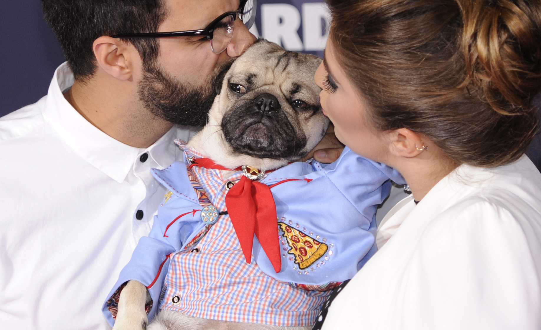 Rob Chianelli, left, and Leslie Mosier, right, kiss Doug the Pug as they arrive at the CMT Music Awards at the Bridgestone Arena on Wednesday, June 8, 2016, in Nashville, Tenn. (Photo by Sanford Myers/Invision/AP)