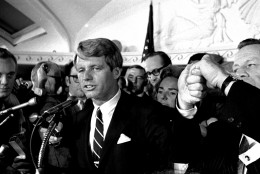 Sen. Robert F. Kennedy addresses a throng of supporters in the Ambassador Hotel in Los Angeles early in the morning of June 5, 1968, following his victory in the previous day's California primary election.  A moment later he turned into a hotel kitchen corridor and was critically wounded.  His wife, Ethel, is just behind him.  (AP Photo/Dick Strobel)
