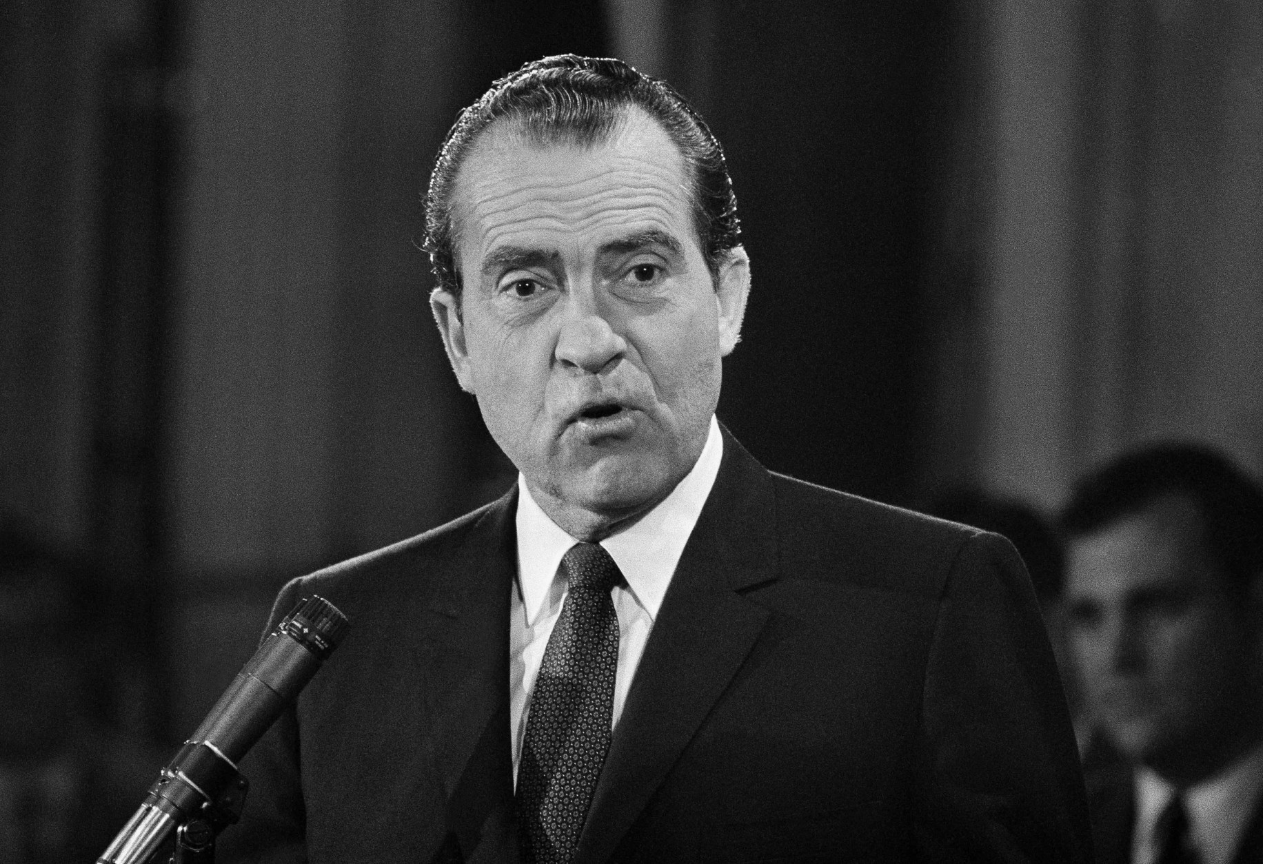 President Richard Nixon talked hopefully of the possibility that the Soviet Union might help in achieving a settlement in the Middle East and in Vietnam, during a news conference, March 4, 1969 in the White House in Washington.  The president used the news conference to report to the nation news of his journey to allied capitals in Europe. (AP Photo)