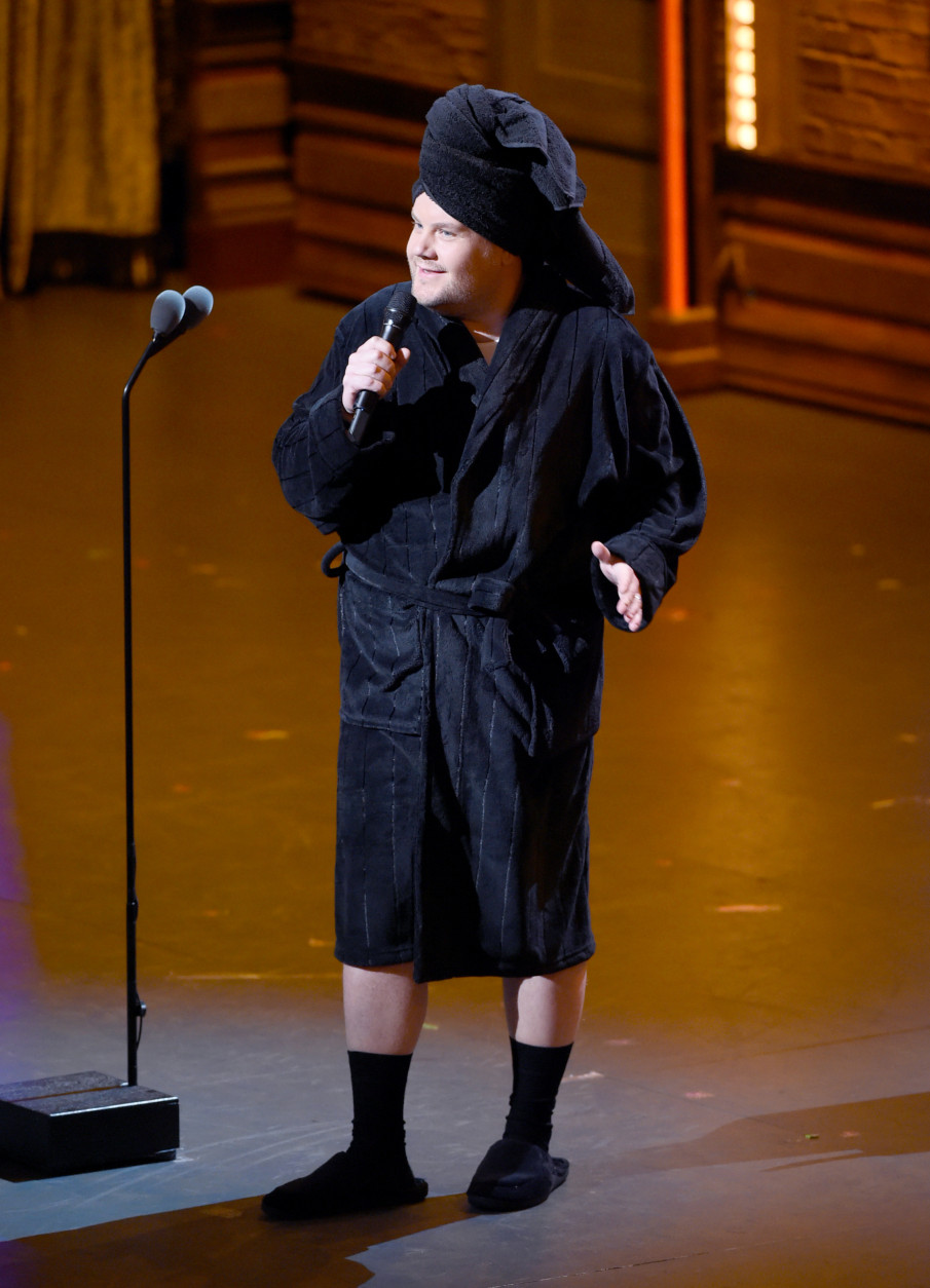 James Corden wears a bathrobe and slippers during the pre-telecast portion of the Tony Awards at the Beacon Theatre on Sunday, June 12, 2016, in New York. (Photo by Evan Agostini/Invision/AP)