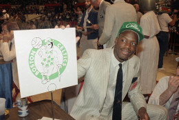 Boston Celtics draft pick Len Bias is shown at the Celtics draft table in New York in this file photo from June 17, 1986.  Two days after being selected by the Boston Celtics as the No.2 pick in the 1986 NBA draft Bias died of cocaine intoxication.    (AP Photo/files)