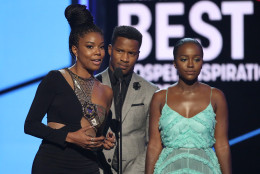 Gabrielle Union, from left, Nate Parker and Aja Naomi King present the award for Dr. Bobby Jones best gospel/inspirational award at the BET Awards at the Microsoft Theater on Sunday, June 26, 2016, in Los Angeles. (Photo by Matt Sayles/Invision/AP)