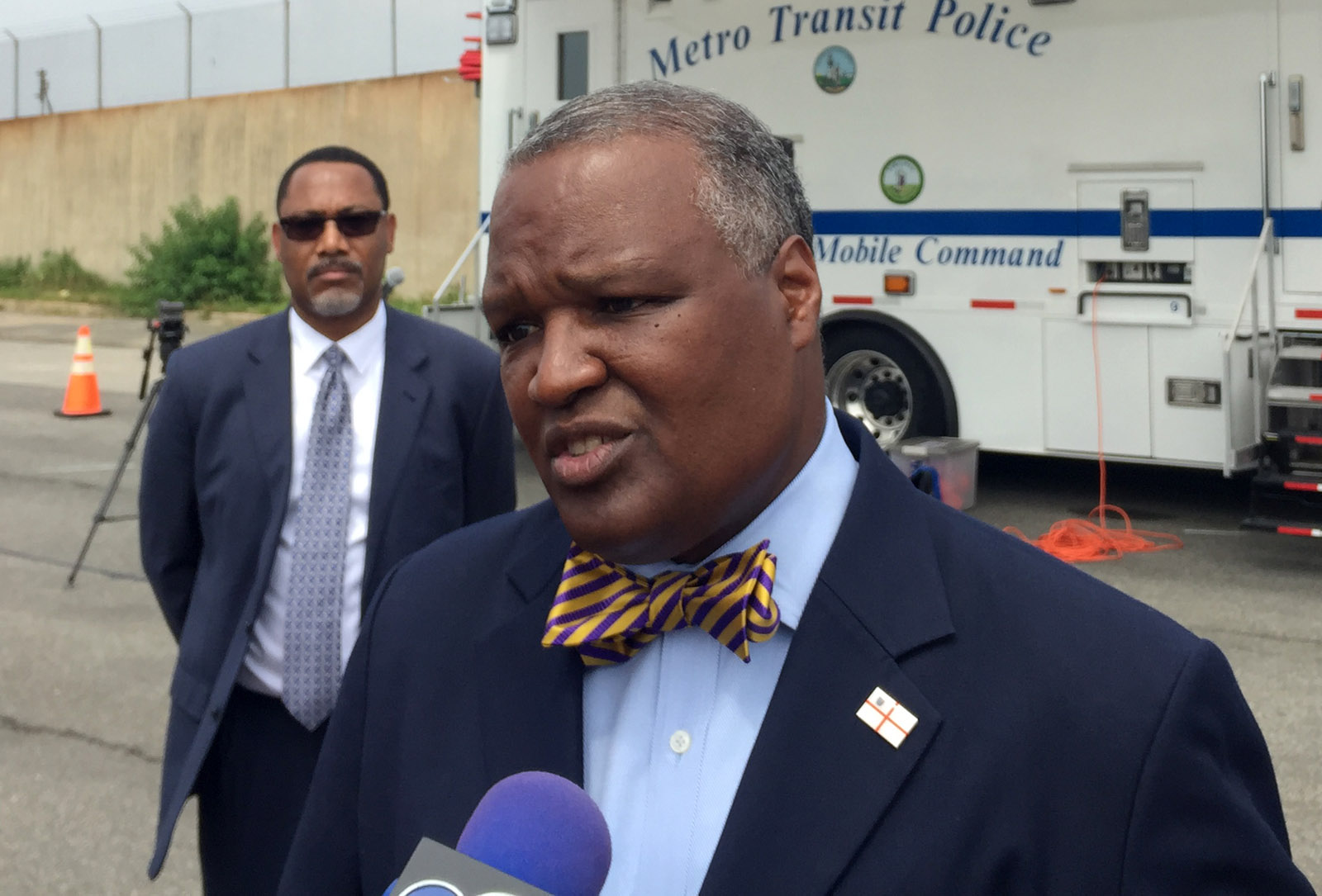 Prince George's County Executive Rushern Baker says that the state of Maryland is not doing enough to help Maryland commuters navigate around a planned Metro track shutdown that will cut off parts of the county from downtown D.C. Baker spoke during an event to reminder commuters about the two-week shutdown and what alternative options are available on Thursday, June 16, 2016. (WTOP/Max Smith)