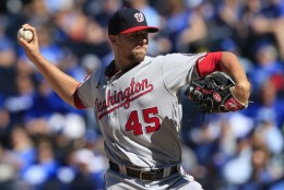 Washington Nationals relief pitcher Blake Treinen (45) during a baseball game against the Kansas City Royals at Kauffman Stadium in Kansas City, Mo., Wednesday, May 4, 2016. The Nationals defeated the Royals 13-2. (AP Photo/Orlin Wagner)