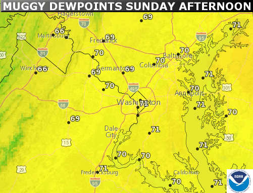 This image and the next one show the difference in dew-points from Sunday to the middle of the week. Without getting into the technical definition of what dew-points are, it’s easy to remember the general effects they have on our comfort levels in this part of the country. When they’re in the 70s or higher it always feels muggy and oppressively humid. When they’re in the 60s it feels sticky but not necessarily uncomfortable. When they’re in the 50s it feels great. When they’re in the 40s like it looks like they will be this week, it’s nothing less than a bonus. (National Weather Service/NOAA)